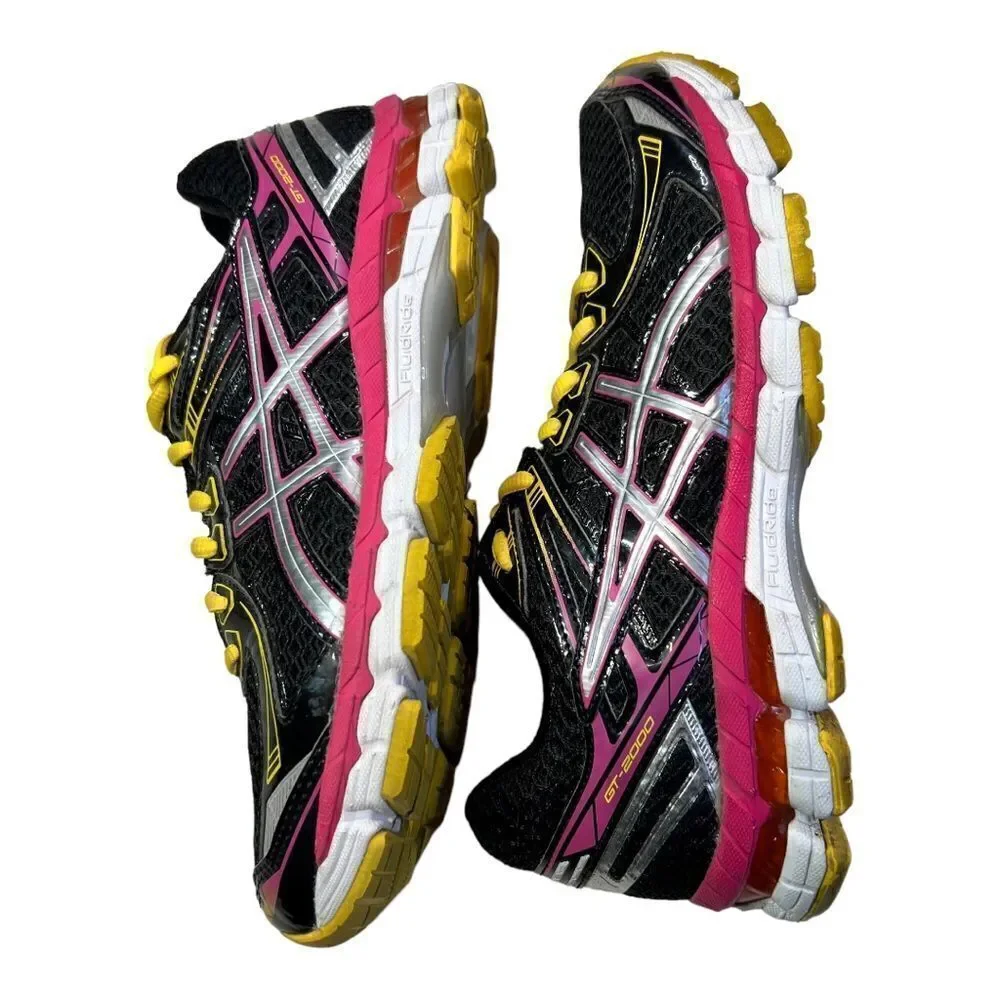 ASICS GT-2000 2 Women's Size 7.5 Black Pink Yellow Mesh Running Shoes T3P8N